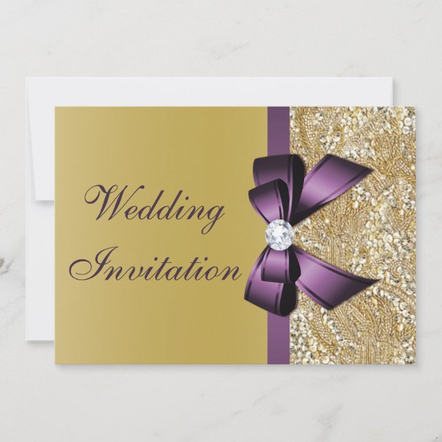 Invitation Mariage de l'or de Faux Gold Sequins Purple Bow (Devant)