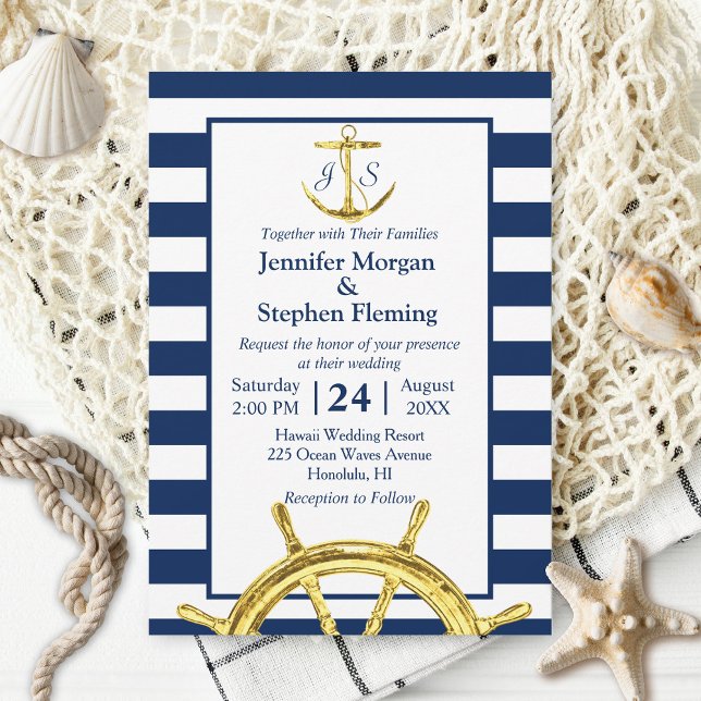 Invitation Mariage de l'or nautique et de la marine Blue Stri (Créateur téléchargé)
