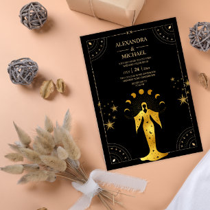 Invitation Mariage de lune céleste d'or noir mystique Invitat