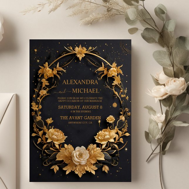 Invitation Mariage de lune d'or mystique céleste noire (Créateur téléchargé)