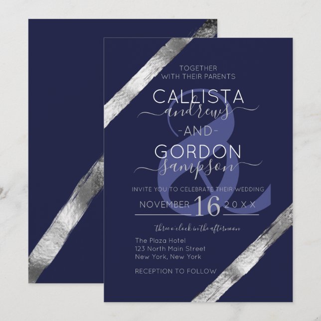 Invitation Mariage de luxe Artsy Marine Bleu Argent brosse (Devant / Derrière)
