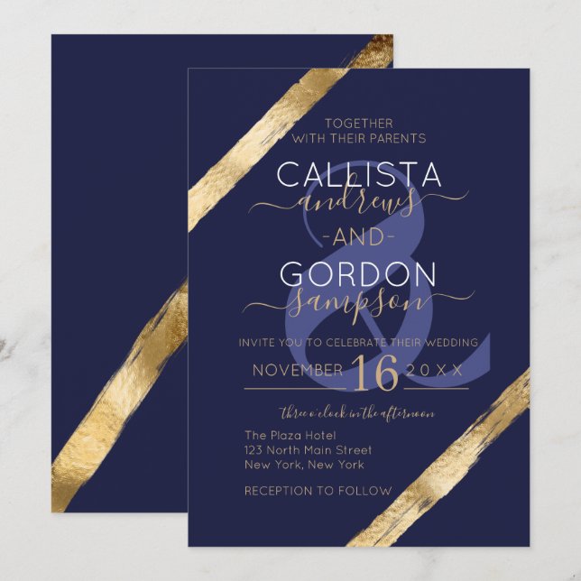 Invitation Mariage de luxe Artsy Navy Blue Gold Brushstrokies (Devant / Derrière)