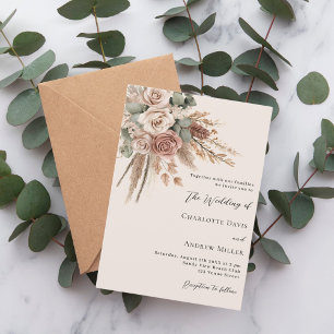 Invitation Mariage de luxe avec roses taupe beige et herbe de