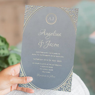 Invitation Mariage de Luxe Bleu Poussiéreux et Or