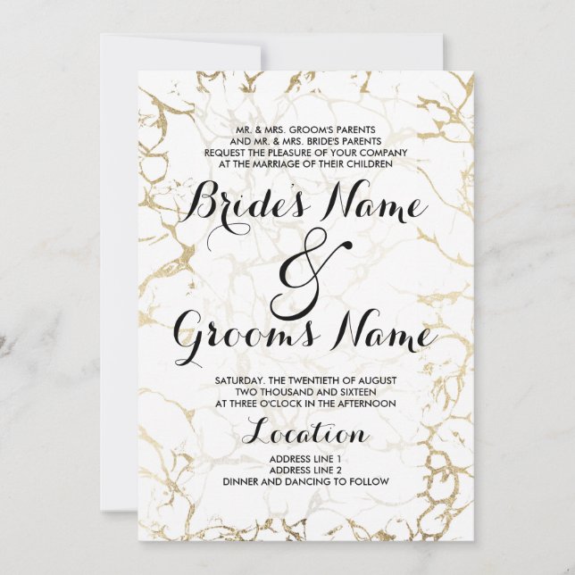 Invitation mariage de luxe élégant en marbre blanc et or (Devant)