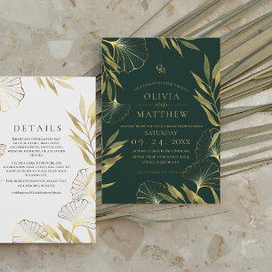 Invitation Mariage de luxe Emerald Green Gold Leaf