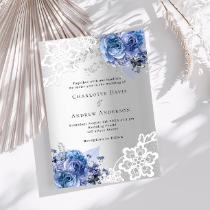 Invitation Mariage de luxe en dentelle bleu argent floraux