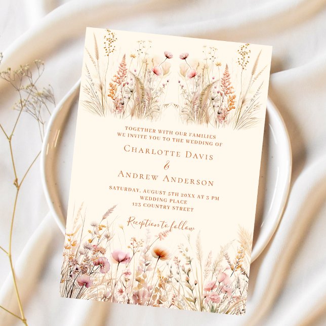 Invitation mariage de luxe fleur sauvage crème boho (Créateur téléchargé)
