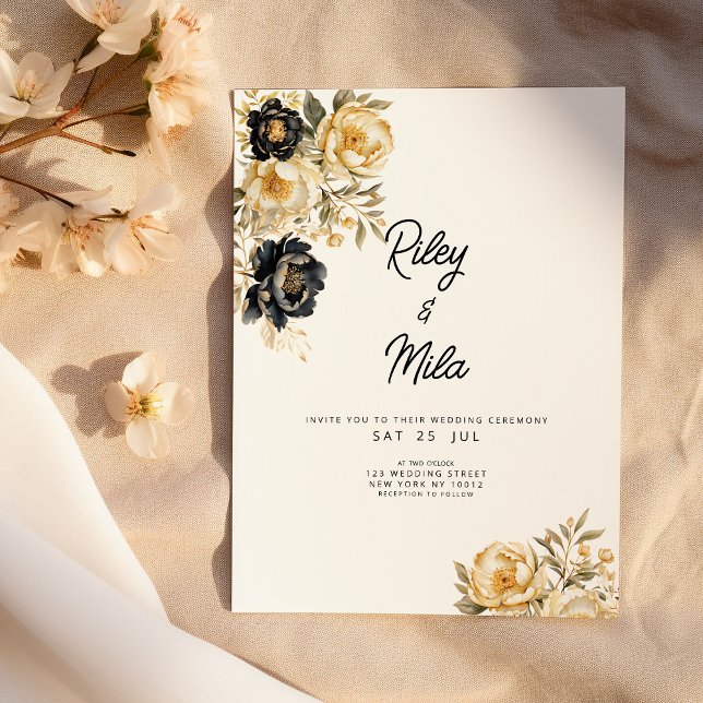 Invitation Mariage de luxe fleuri ivoire noir de pivoine or (Ivory black gold peony floral luxury Wedding)