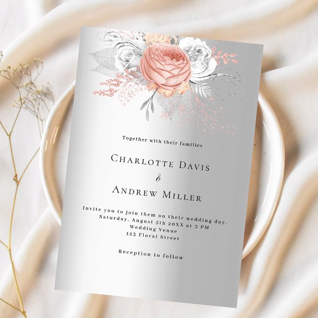 Invitation Mariage de luxe fleuri rose en argent (Créateur téléchargé)
