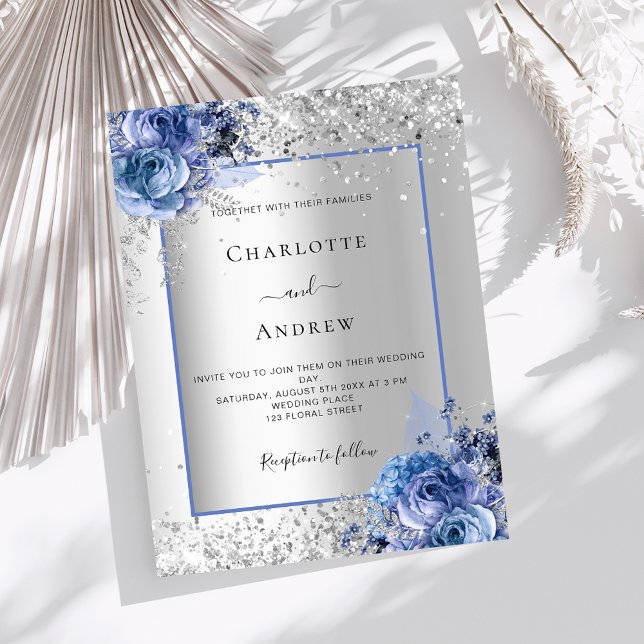 Invitation Mariage de luxe florale bleu argent (Créateur téléchargé)
