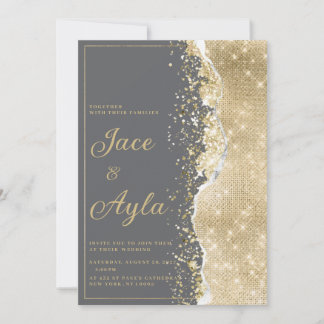 Invitation Mariage de luxe gris or paillettes classe