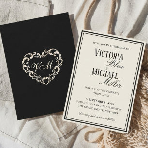 Invitation Mariage de luxe ivoire et noir Chic Ancien Argent