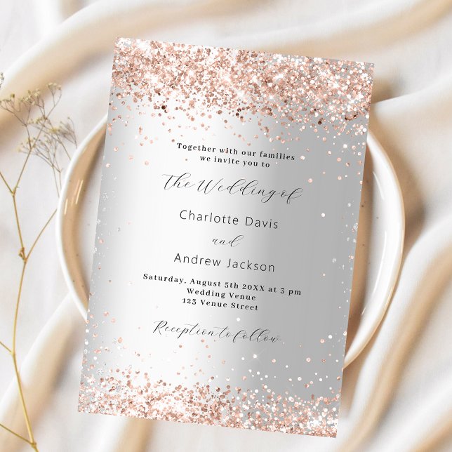 Invitation Mariage de luxe moderne rose en argent (Créateur téléchargé)