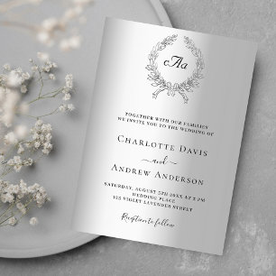 Invitation Mariage de luxe monogramme de couronne d'argent