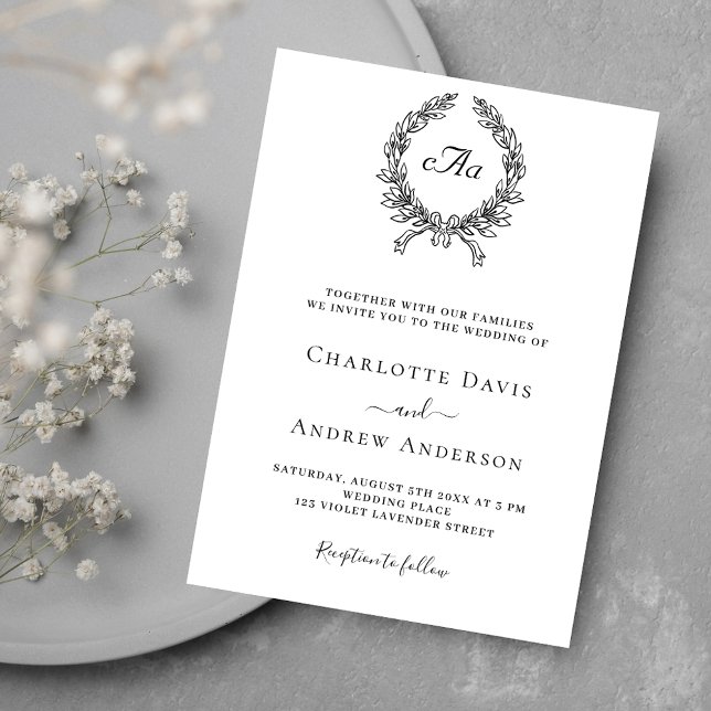 Invitation Mariage de luxe monogramme de couronne noire blanc (Créateur téléchargé)