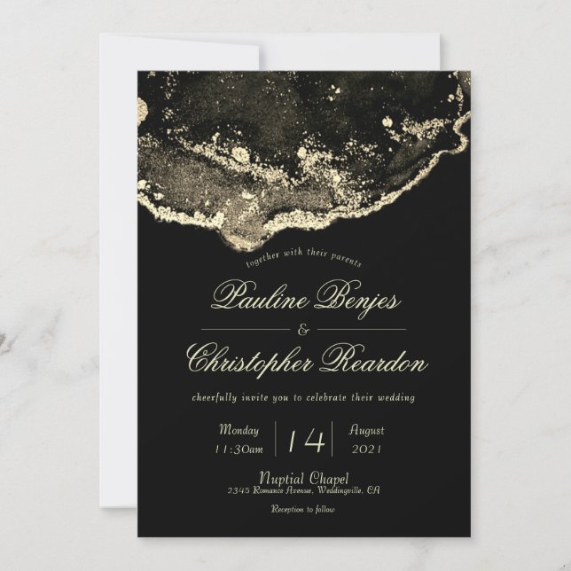 Invitation Mariage de luxe noir et or (Devant)