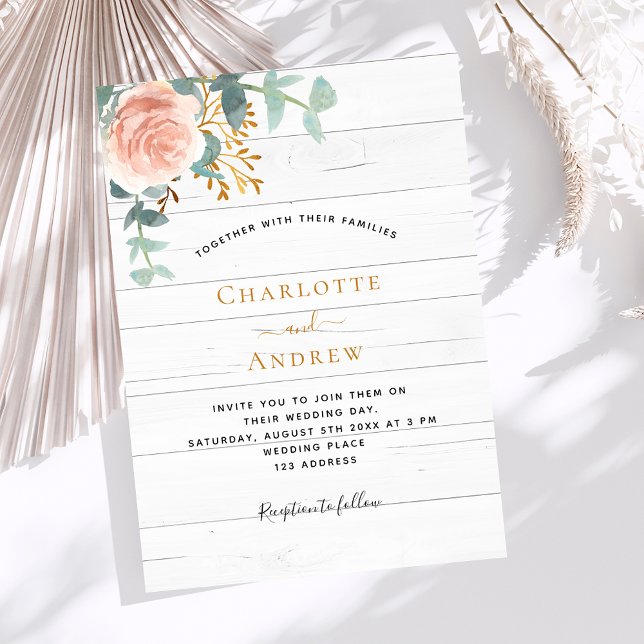 Invitation mariage de luxe rose or fleuri bois blanc (Créateur téléchargé)