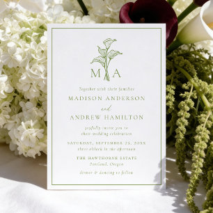Invitation Mariage de lys calla vert olive classique avec mon
