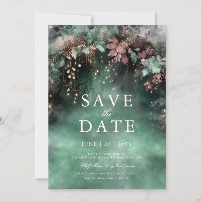 Invitation Mariage de maauve luxuriante dans la forêt enchant (Devant)