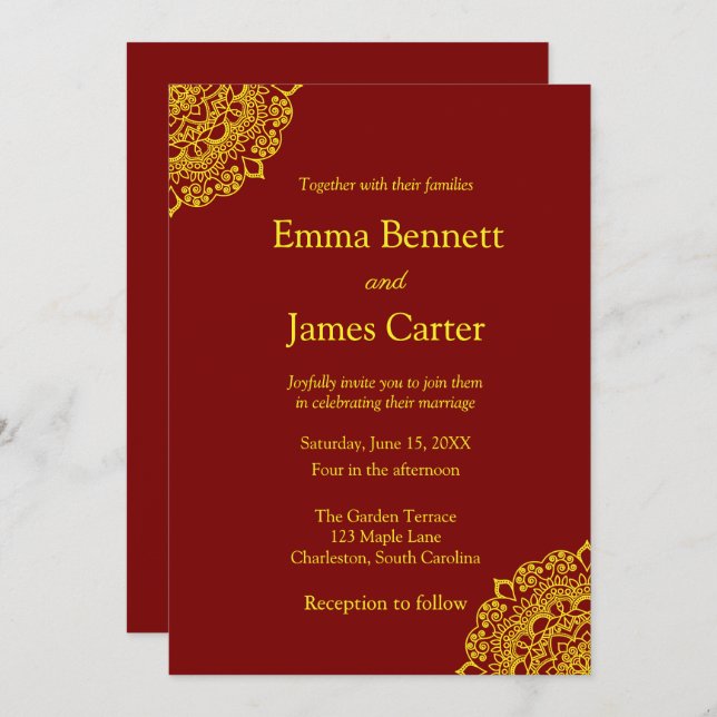 Invitation mariage de mandala d'or (Devant / Derrière)