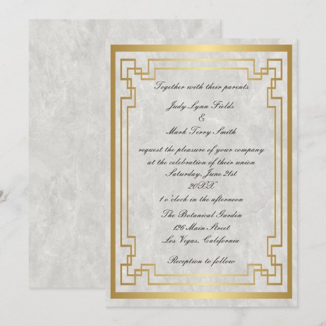 Invitation Mariage de Marbre blanc de cadre géométrique or (Devant / Derrière)