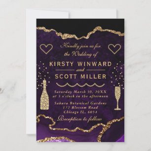 Invitation Mariage de marbre d'agate à paillettes violettes e