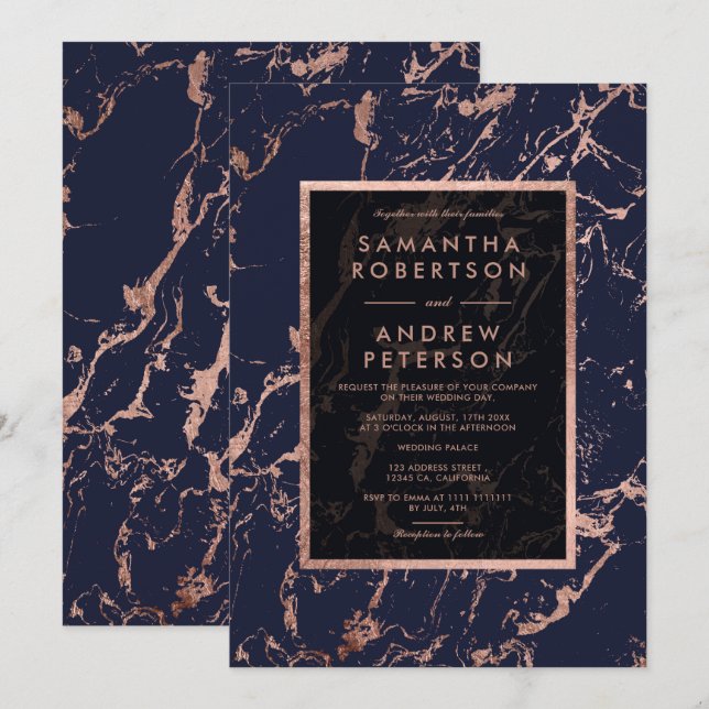 Invitation Mariage de marbre de cadre d'or de rose de bleu (Devant / Derrière)