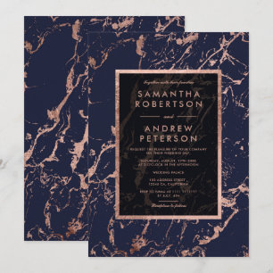 Invitation Mariage de marbre de cadre d'or de rose de bleu
