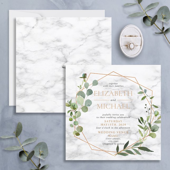 Invitation Mariage de marbre Eucalyptus géométrique en cuivre (Créateur téléchargé)