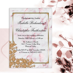 Invitation Mariage de marbre rose et perles d'or