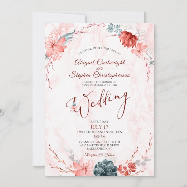 Invitation Mariage de marbre Succulent Floral Coral (Devant)