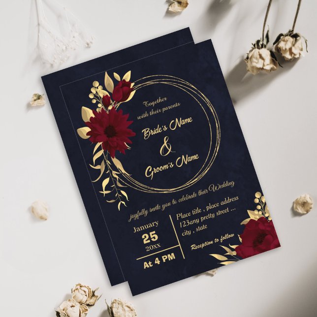 Invitation Mariage de marine chic bordeaux et or (Créateur téléchargé)