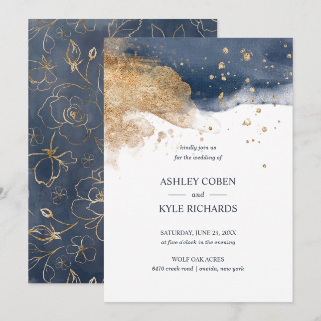 Invitation Mariage de marine et d'or (Devant / Derrière)
