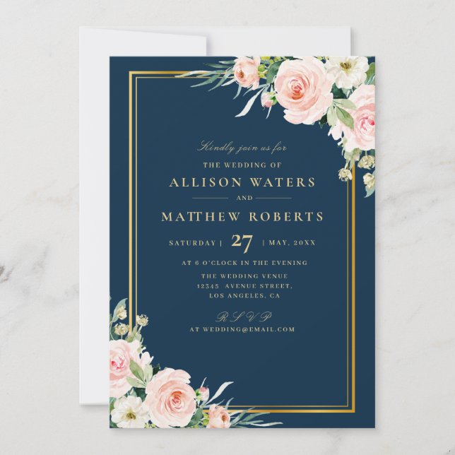 Invitation Mariage de marine Floral Rose Blush classique Gold (Devant)
