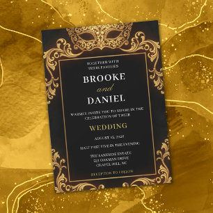 Invitation Mariage de Mascarade Noir et Or Luxueux