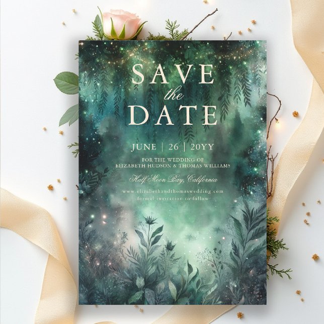 Invitation Mariage de mauve vert de la forêt enchantée Enregi (enchanted forest save the date wedding emerald green gold fairytale fairy greenery woodland magic)