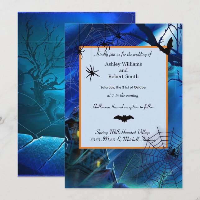 Invitation Mariage de minuit bleu plat Halloween (Devant / Derrière)