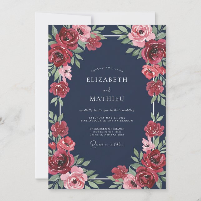 Invitation Mariage de minuit Ruby Ranunculus Eucalyptus (Devant)