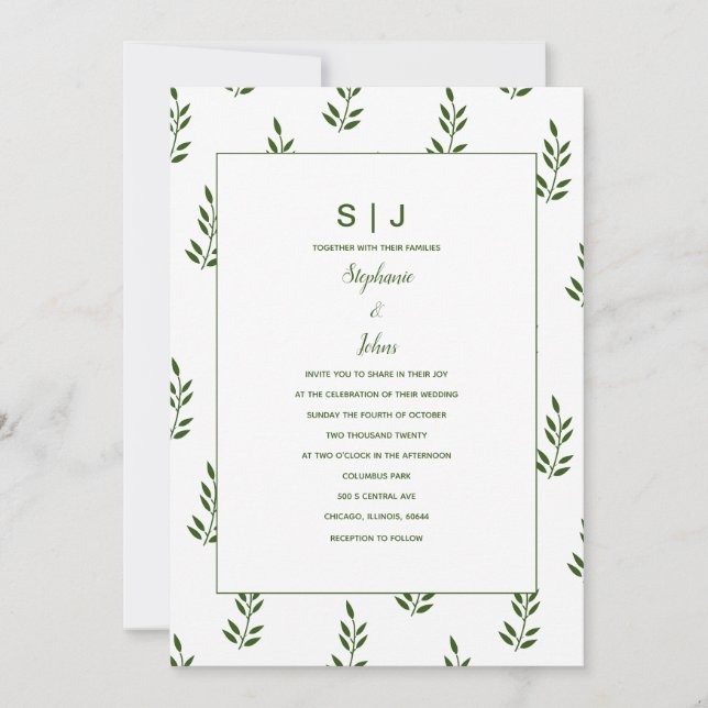 Invitation Mariage de monogramme blanc à feuillage persistant (Devant)