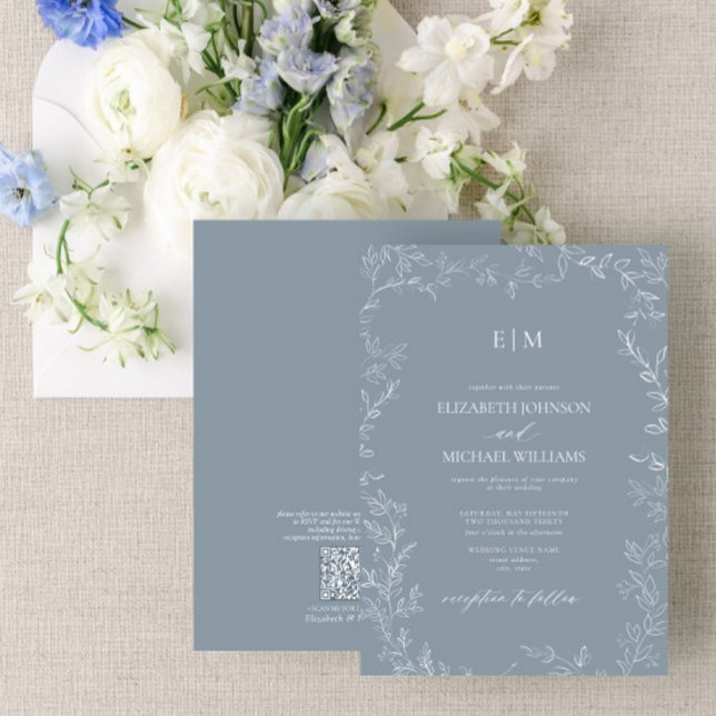 Invitation Mariage de monogramme bleu Dusty de la feuille de  (Créateur téléchargé)
