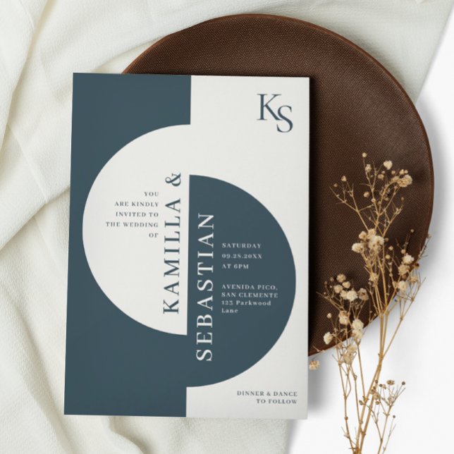 Invitation Mariage de Monogramme bleu ivoire de la marine géo (Créateur téléchargé)