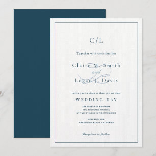 Invitation Mariage de monogramme bleu marine minimaliste clas