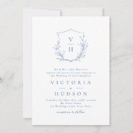 Invitation Mariage de monogramme bleu simple de crête botaniq
