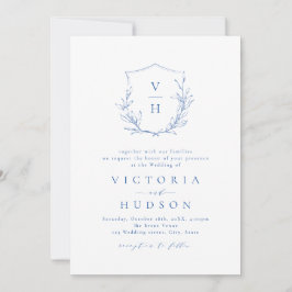 Invitation Mariage de monogramme bleu simple de crête botaniq