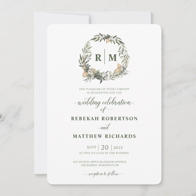 Invitation Mariage de monogramme botanique blanc (Devant)