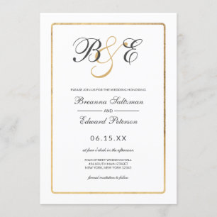 Invitation Mariage de monogramme de bordure en or blanc simpl