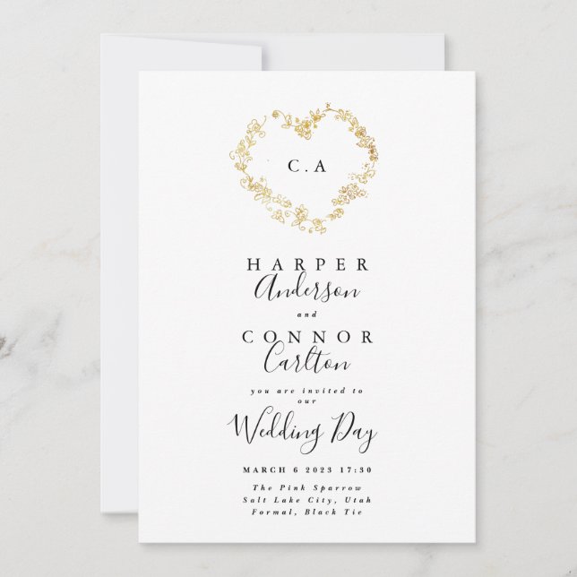 Invitation Mariage de monogramme de couronne cardiaque (Devant)