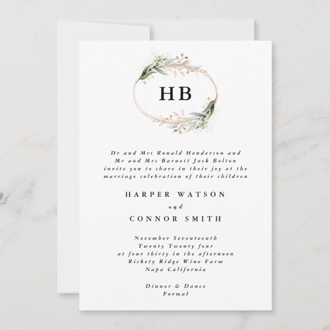 Invitation Mariage de monogramme de couronne d'eucalyptus d'o (Devant)