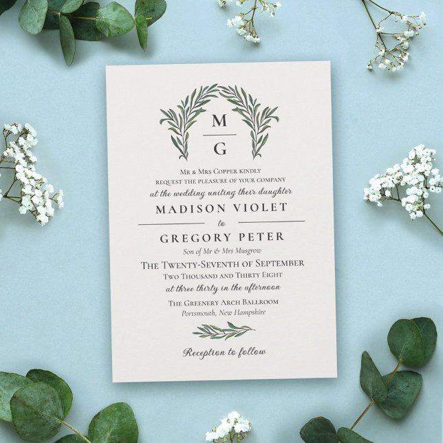 Invitation Mariage de monogramme de couronne verte blanche (Créateur téléchargé)